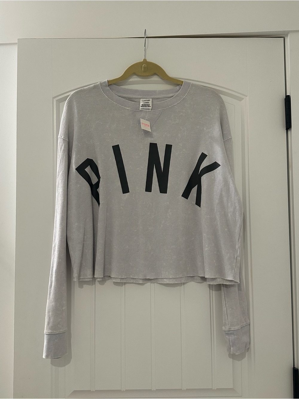 NWT VS PINK Victorias Secret Gray Acid Wash Long Sleeve Waffle Knit Crop Top L
